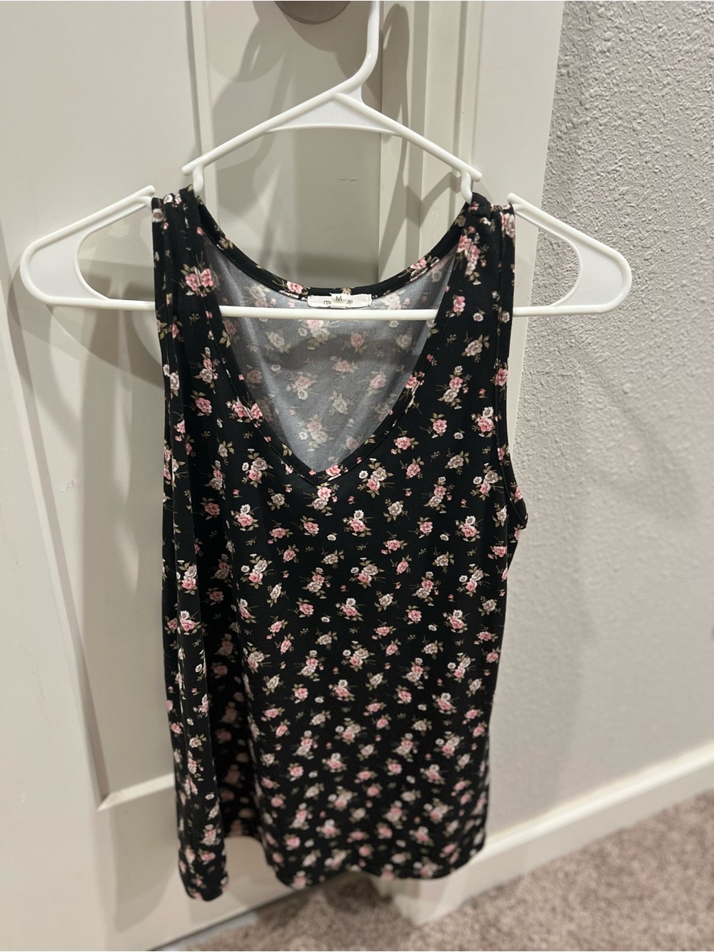 Maurices Black Floral V-Neck Tank with Pink Rose Print